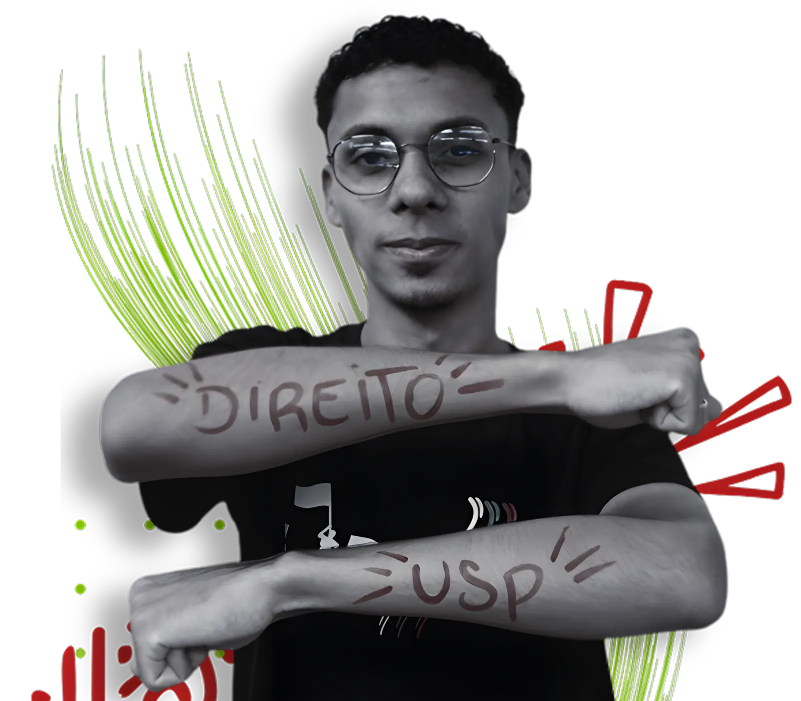 Jovem estudante do Libertar com a palavra Direito e a sigla USP nos braços